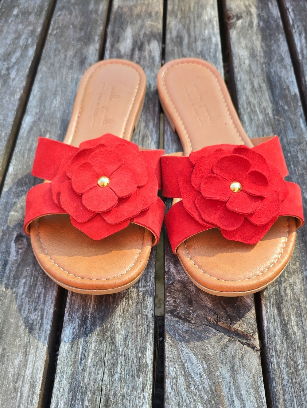 Mila Paoli Red Floral Faux Suede Slide Sandals